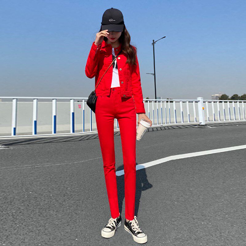 牛仔套装女2024新款春秋时尚洋气短款本命红色显瘦减龄两件套大码