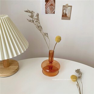 ins风a棕色玻璃烛台花瓶 韩风小众客厅干花插画器皿 假花桌面摆件