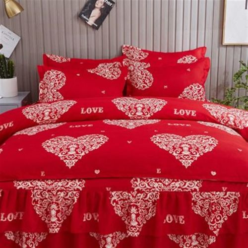 大红色婚庆结婚四件套床上用品1.5m18米床裙被套枕套新婚公主风粉
