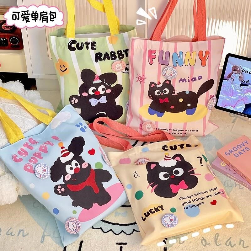 可爱猫咪单c肩包大学生女生上班通勤背包补课补习袋可爱女孩帆布
