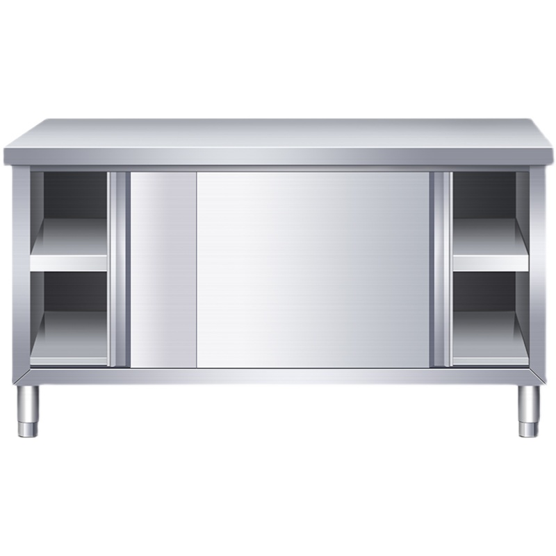 304特厚不锈钢拉门工作台厨房操作台面案板切菜桌子家商用储物柜