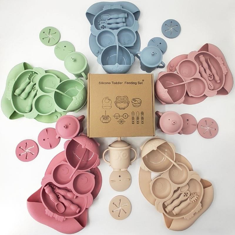 硅胶餐盘 婴幼儿童硅胶餐盘宝宝围兜婴儿童辅食碗硅胶勺叉防摔零