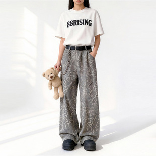 长裤 88rising小众设计灰调豹纹休闲裤 宽松阔腿弧形剪裁痞帅个性