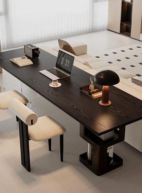 意式黑色沙发后长条桌横厅实木书桌阳台卧室双人学习工作台长条桌