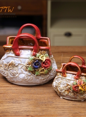 田园手工玫瑰浮雕釉面包包装饰花器文艺花器