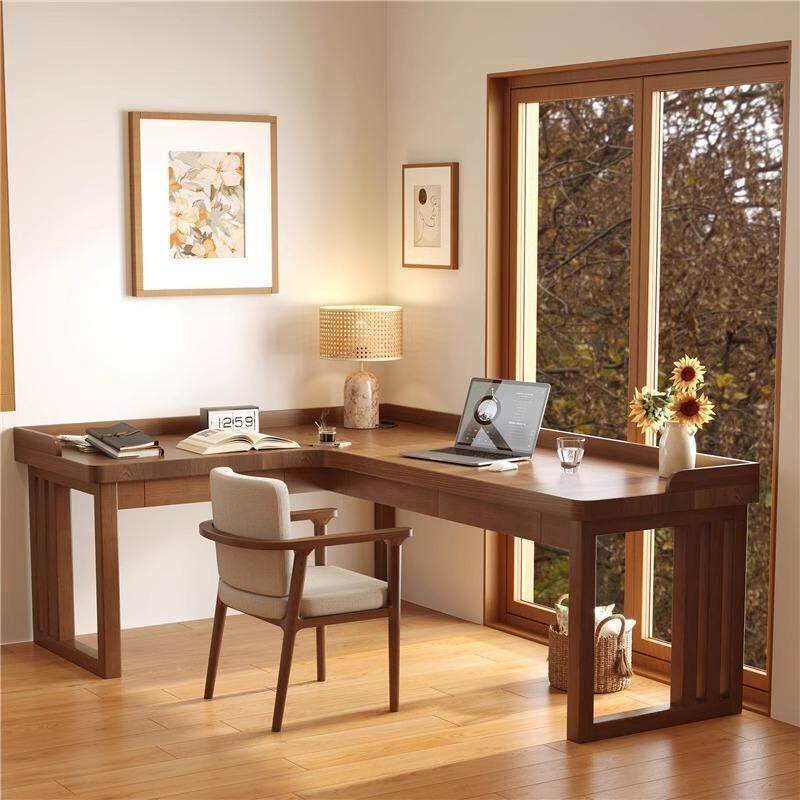 实木转角书桌抽屉拐角台电脑桌卧室双人式习家用77187学办带公桌