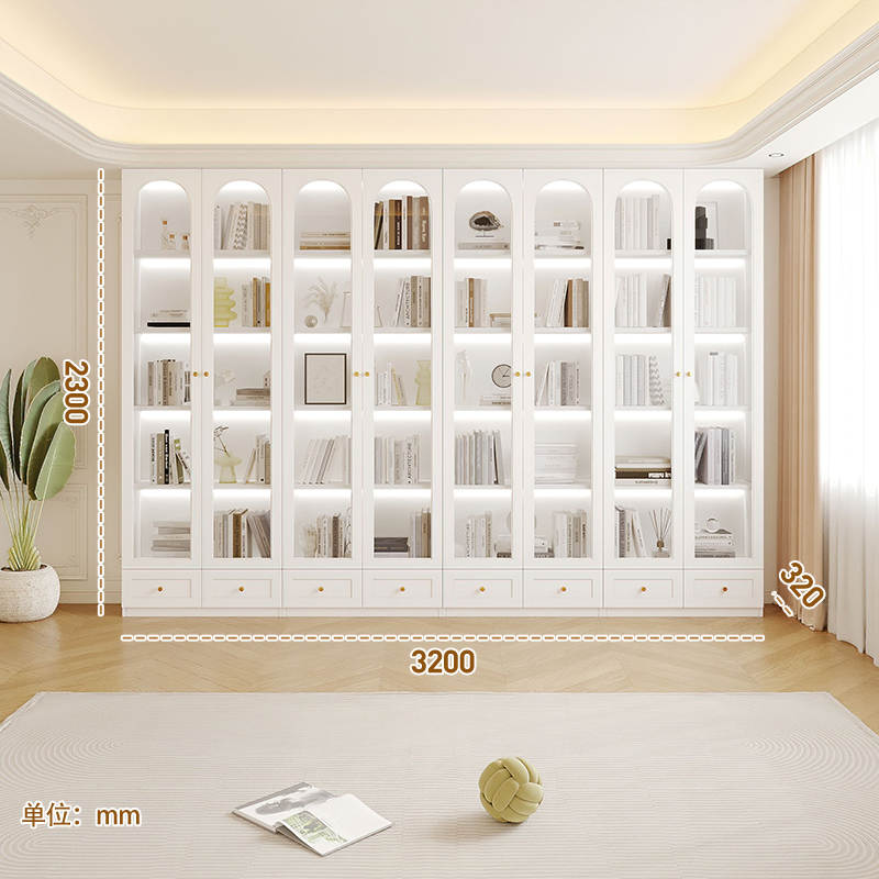 法式轻奢奶油风实木家用书房组合书柜一体到顶整墙玻璃门书架矮柜
