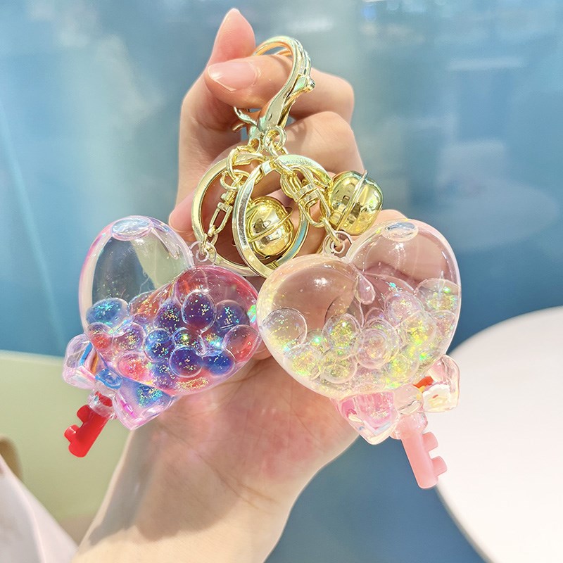 创意爱心棒棒糖亚克力入油流沙液体漂浮钥匙扣包包挂件少女心礼物
