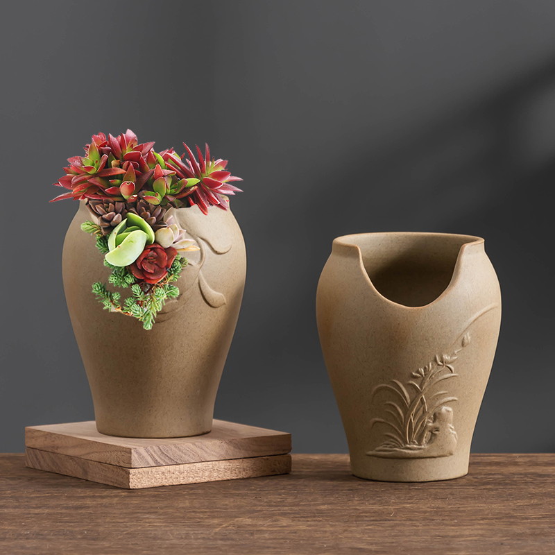 粗陶高款素烧多肉花盆陶瓷简约透气特价客厅绿植老桩办公室带托盘