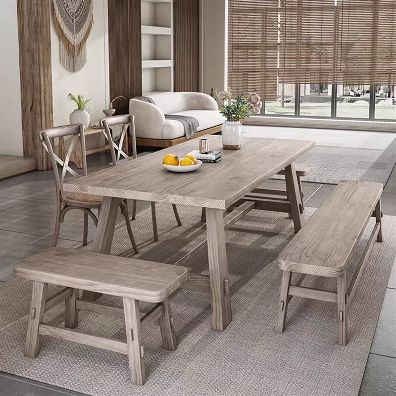 美式乡村复古做旧实木办公桌灰色餐桌家用吃饭法式侘寂风客厅桌椅