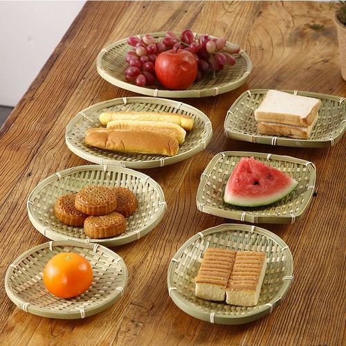 竹编烟熏椭圆筐晾晒原色圆簸箕酒店点心馒头筐水果篮零食早餐盘