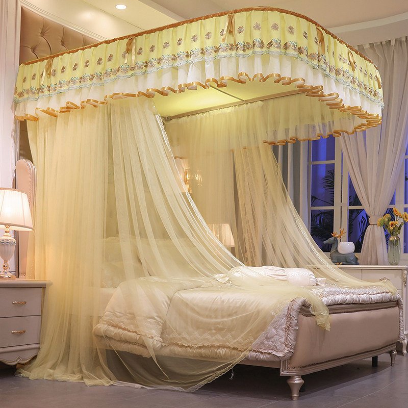 U型轨道手动导轨三门1.8米双人牀加厚加密方顶支架落地宫廷蚊帐