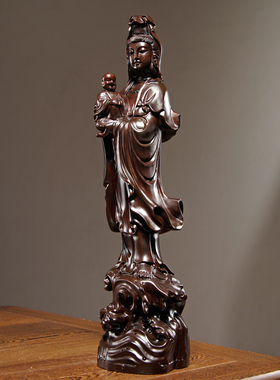 黑檀木雕观音佛像摆件实木观世音菩萨家居客厅玄关装饰工艺品