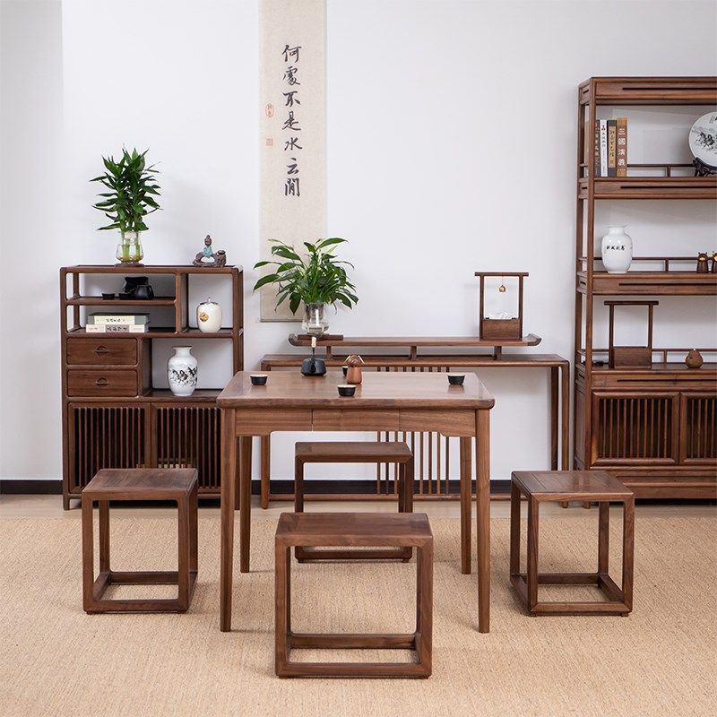 新中式黑胡桃木八仙桌老榆木禅意方桌实木餐桌客厅棋牌桌简约家具