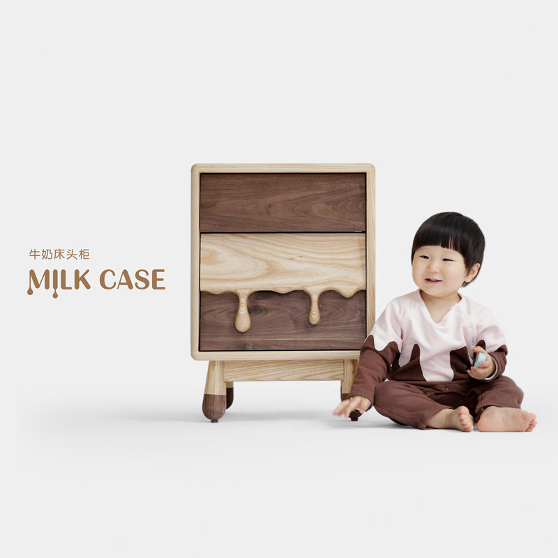 上形孩在 牛奶床头柜新版 收纳柜边柜硬枫木黑胡桃环保儿童全实木