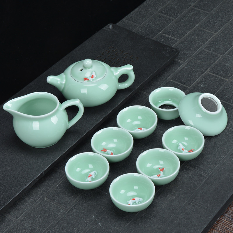 青瓷功夫茶具套装陶瓷家用盖碗茶壶茶杯小套办公简约茶道茶艺整套