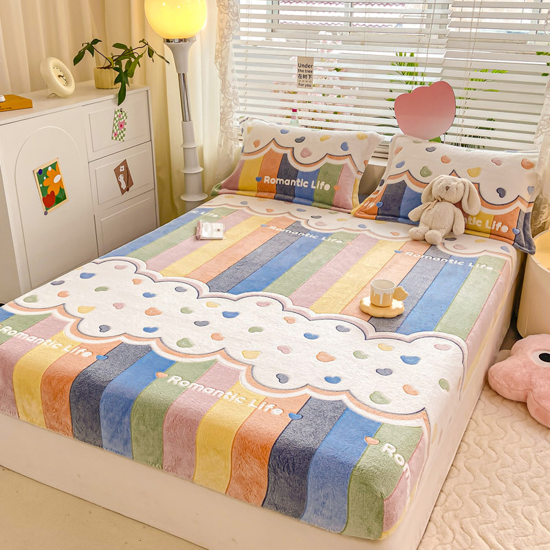 雪花绒卡通床笠牛奶绒保暖床垫保护套绒枕套全包裹家用冬季加厚