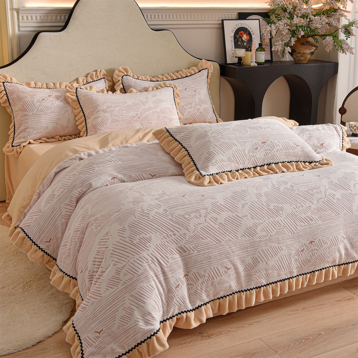 A类牛奶绒加厚法式花边款四件套