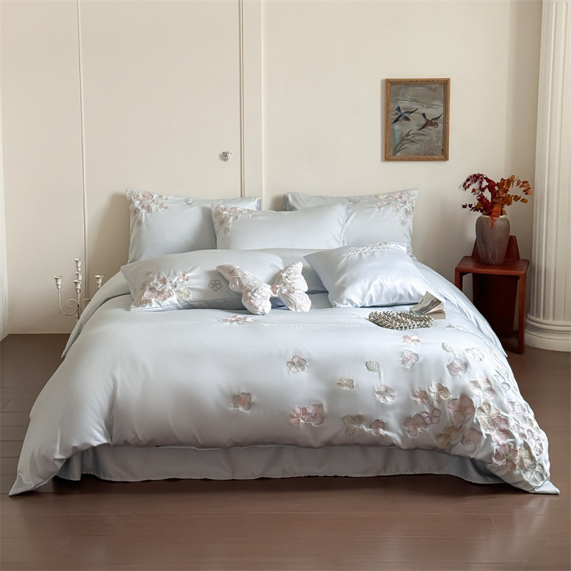 寒念水洗天丝刺绣四件套蝴蝶飞飞凉感公主风轻奢套件被套床单床品