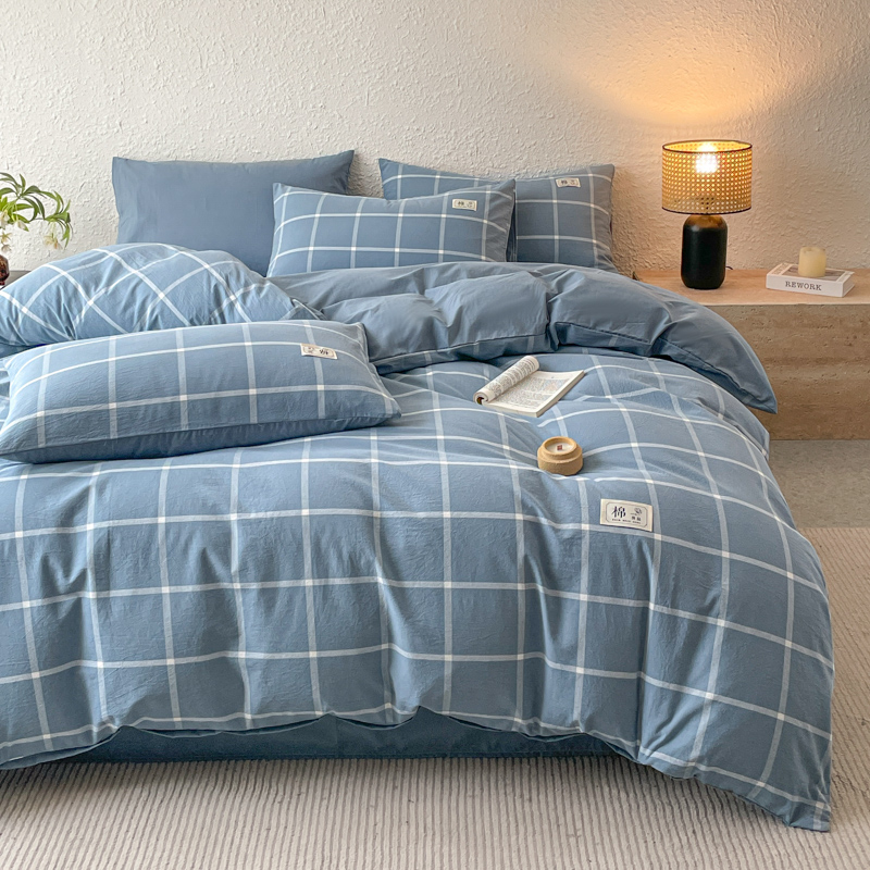 全棉纯棉学生宿舍上下铺三件套纯色格子床单被套床笠款床上用品