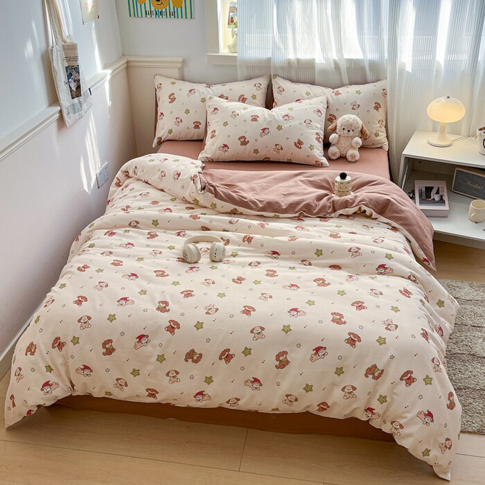纯棉双层纱印花四件套全棉卡通小熊被套床单柔软舒适可爱床品套件