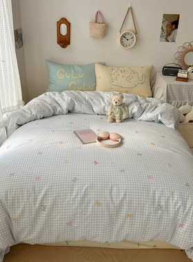 13372印花大版枕套甜酷风四件套格子四件套纯棉床品套件全棉被套