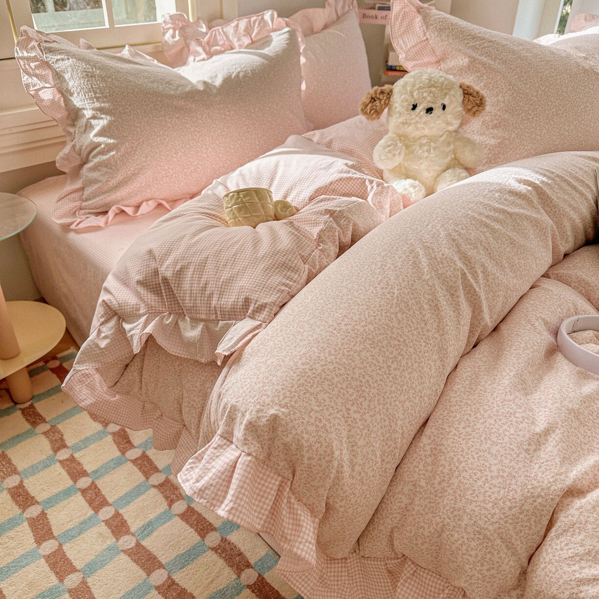 A类韩版花边小碎花古法水洗仿棉砂洗云小棉四件套荷叶边床单被套