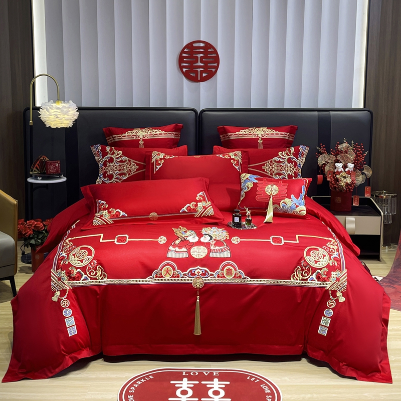 婚庆四件套多件套全棉刺绣纯棉大红喜床上用品结婚被套新婚礼床品
