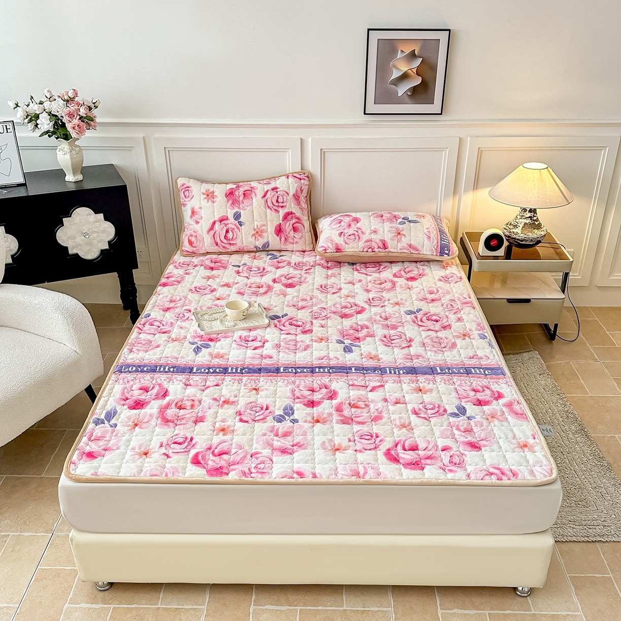牛奶绒床褥床垫夹棉加厚系列玫瑰花印花绗缝床垫可水洗软席床褥垫