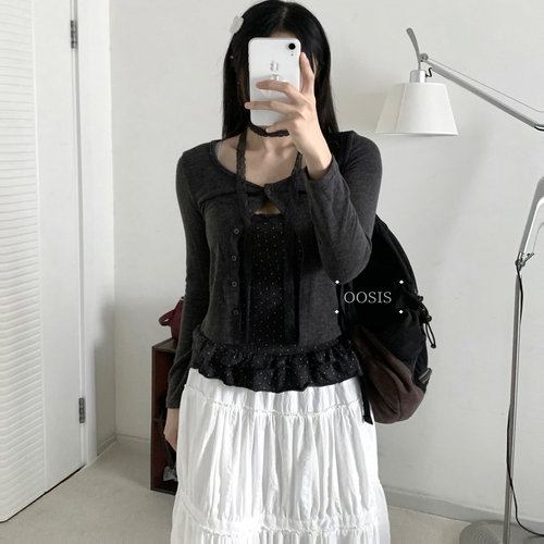 2025新款针织外套韩系温柔蕾丝拼接波点荷叶边吊带开衫两件套上衣