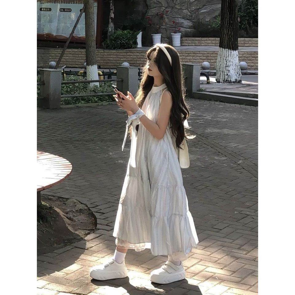 夏季温柔风甜美韩版挂脖连衣裙女学生宽松遮肚无袖过膝a字裙