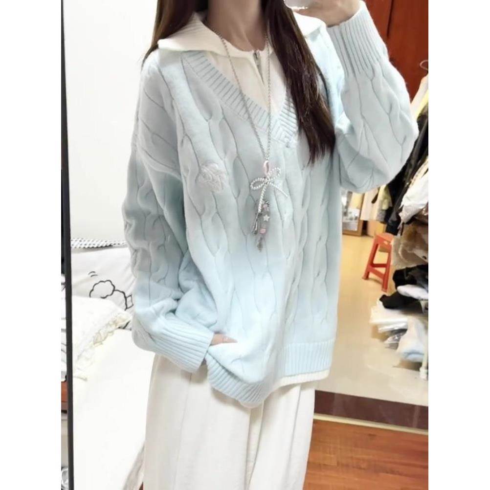 韩系蓝色假两件翻领麻花加厚毛衣女秋冬宽松慵懒风高级感外穿针织