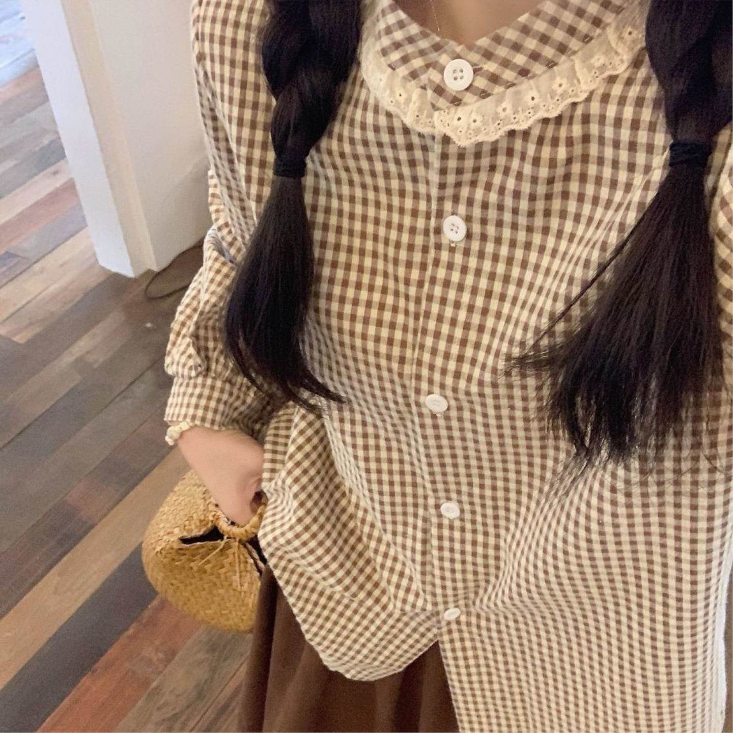 美拉德格子拉拢叠穿马甲长袖衬衫半身裙女秋季新款时尚套装