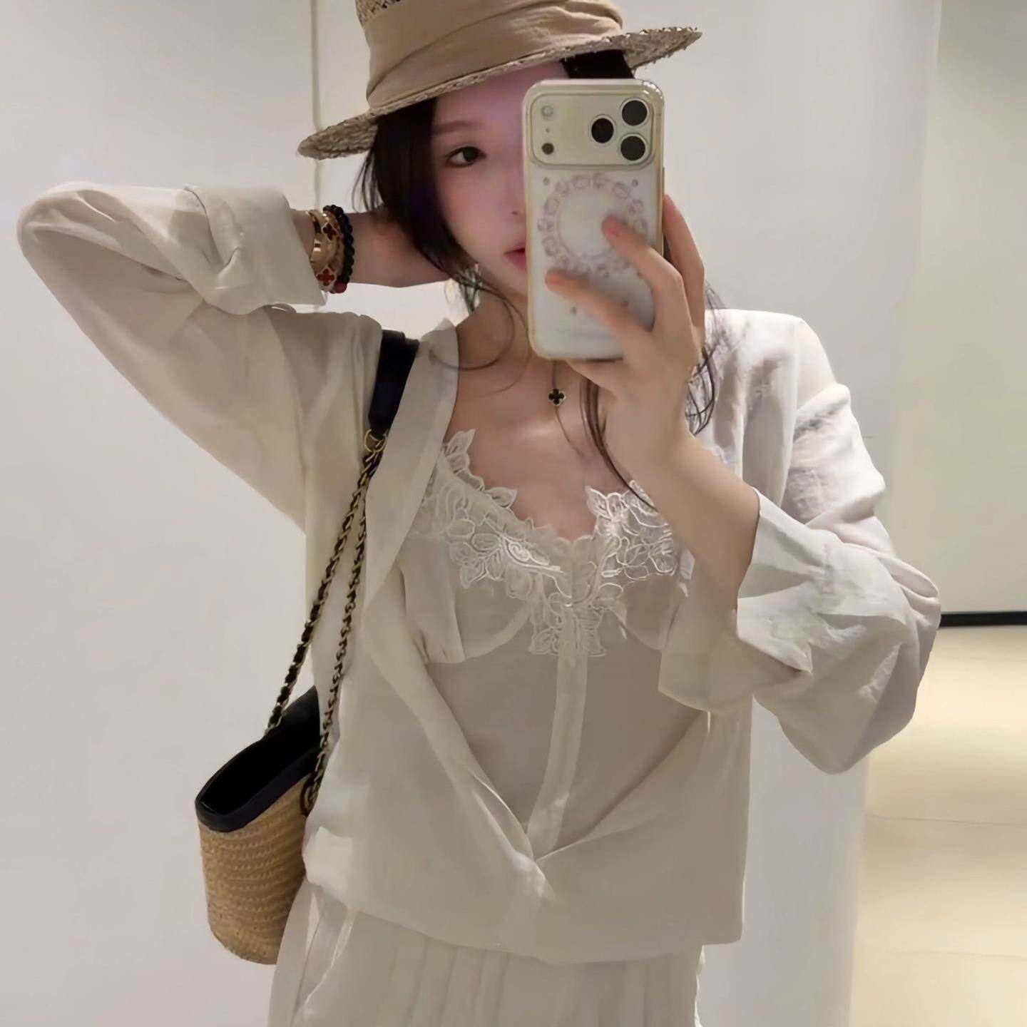 气质一整套ootd穿搭蕾丝拼接假两件衬衫阔腿裤初夏独特绝美小套装