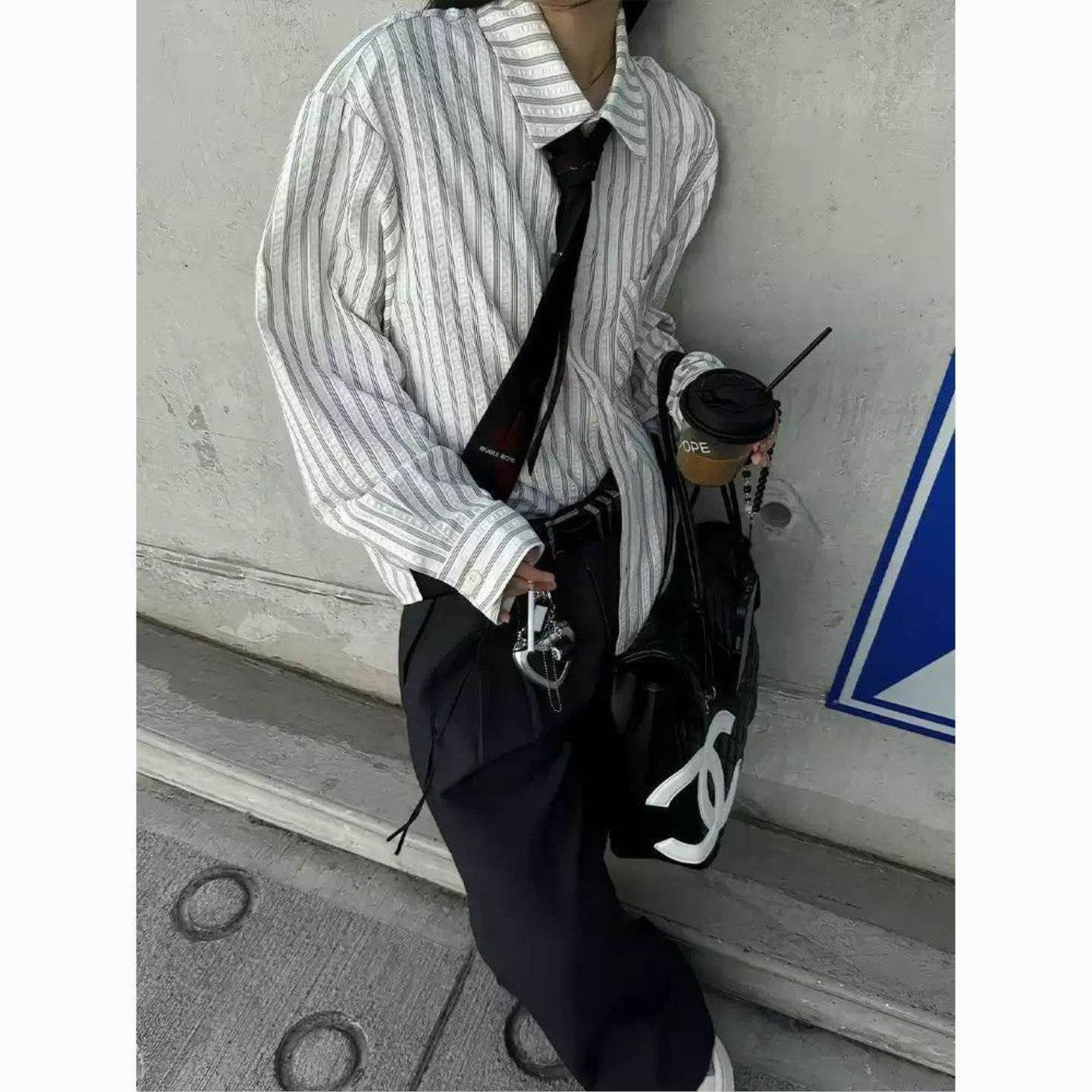 美式泡泡纱衬衫无领带男女秋冬高智感正肩衬衣cleanfit条纹上衣