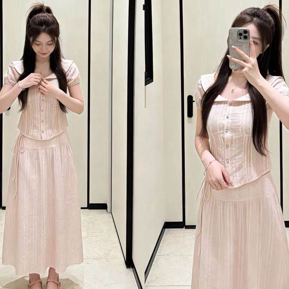 韩系千金娃娃领短袖衬衫上衣女夏绝美高腰半身长裙两件套装小个子