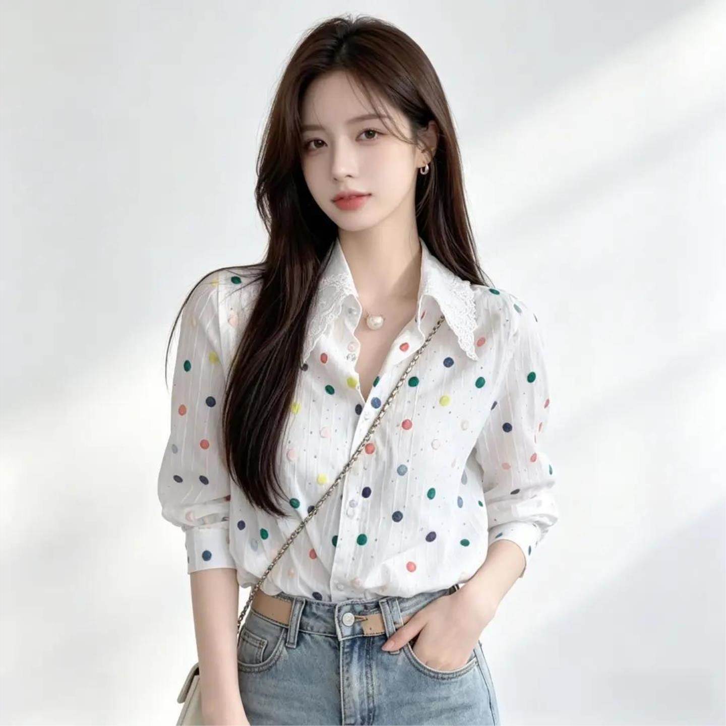 韩版彩色波点时尚烫钻设计衬衫女秋季新款2026年薄款气质防晒上衣