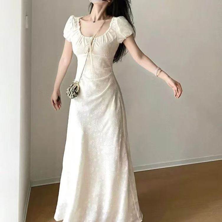新款法式泡泡子子女提花连衣裙夏季高级气质设计收腰温柔显瘦长裙