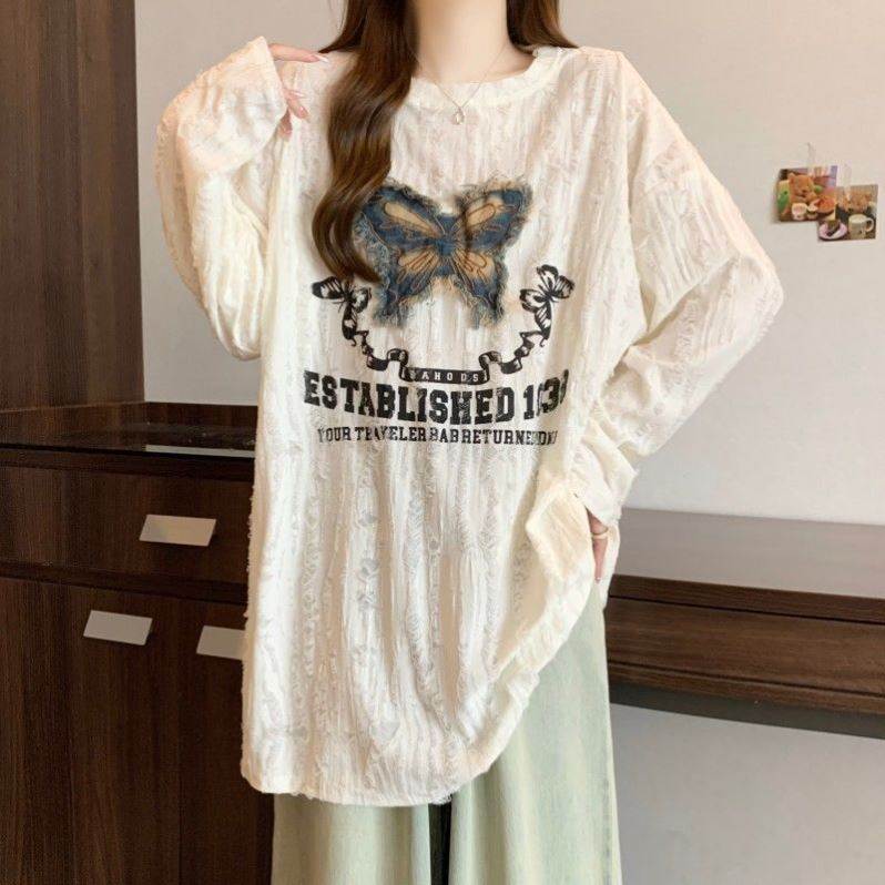 个性独特破洞蝴蝶正肩长袖T恤女春季新款大码胖mm中长款上衣