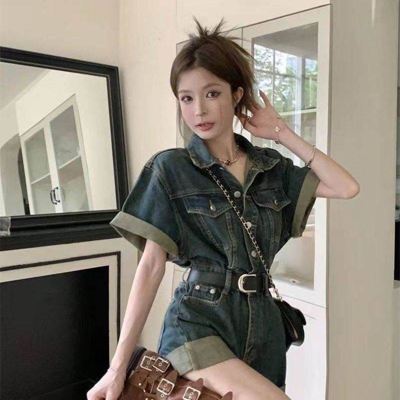 牛仔连体裤女夏新款一体式小个子短袖短裤复古束腰工装时尚连衣裤