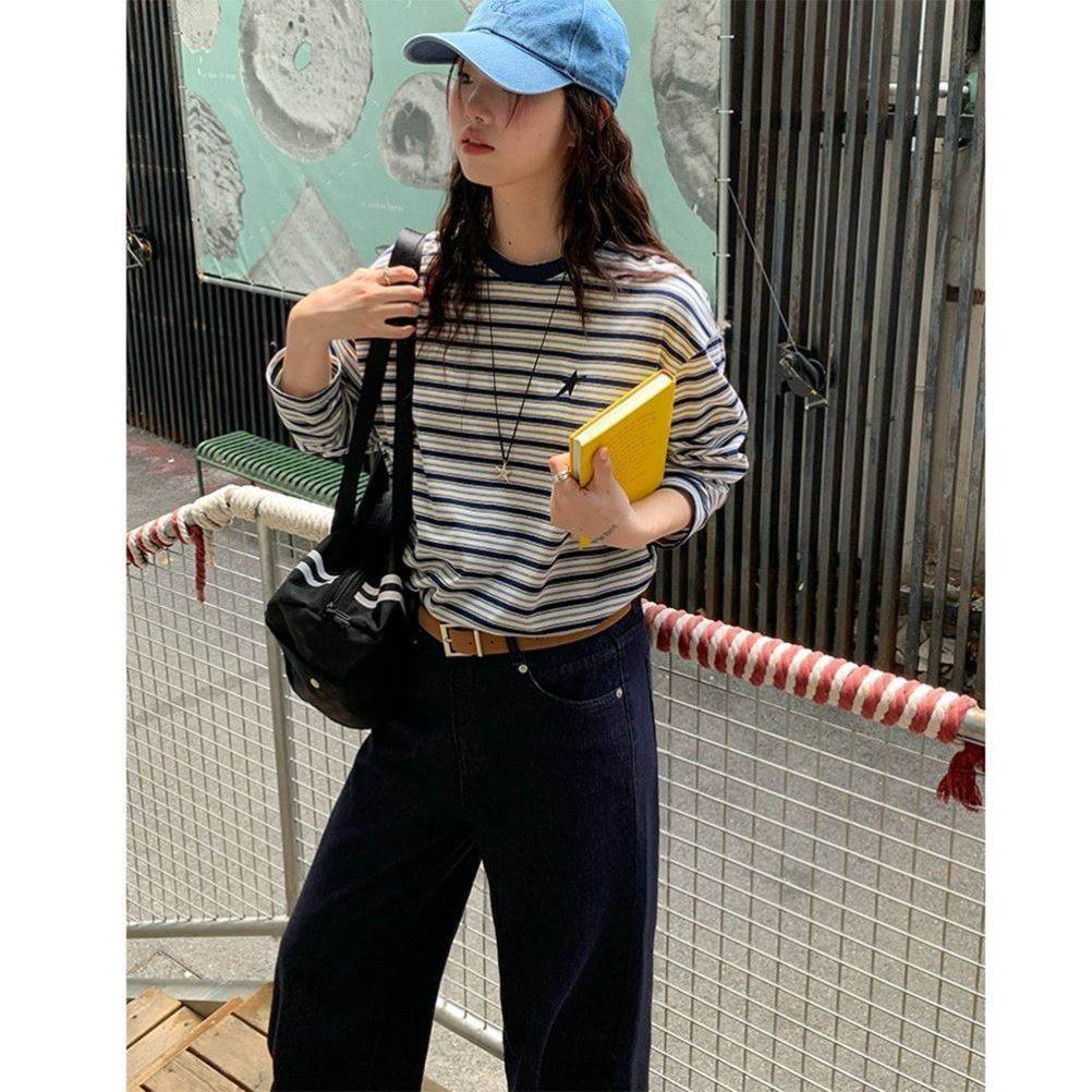 重工刺绣条纹长袖T恤女春秋慵懒氛围感圆领上衣多巴胺