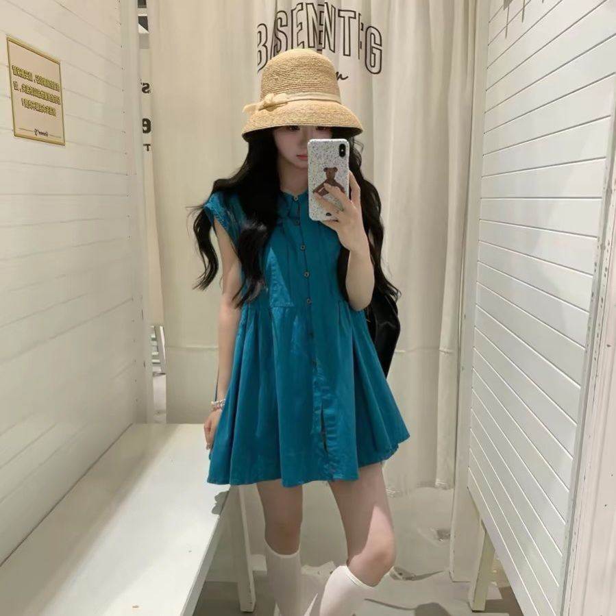 显白复古蓝色连衣裙女夏娃娃领短袖少女气质短裙小个子