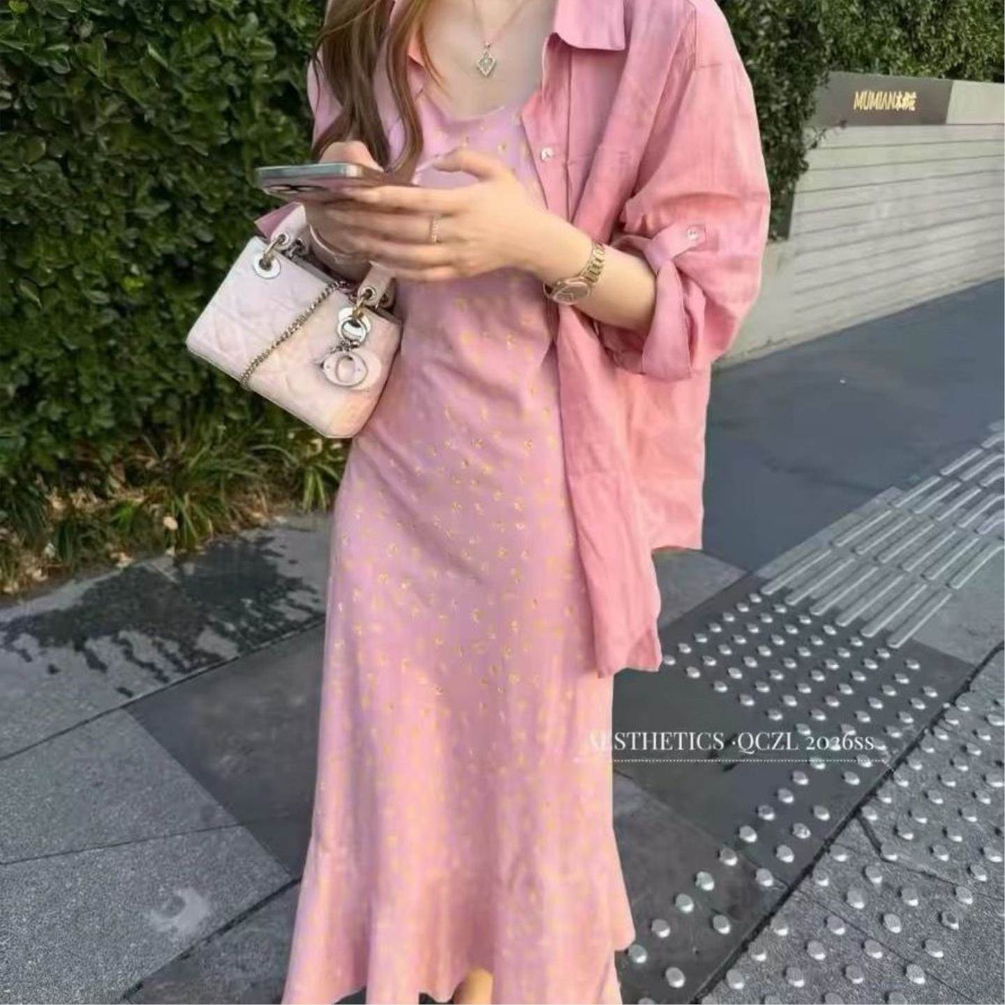 2026秋季新款流行时髦防晒套装纯色防晒衬衫+碎花吊带裙两件套女