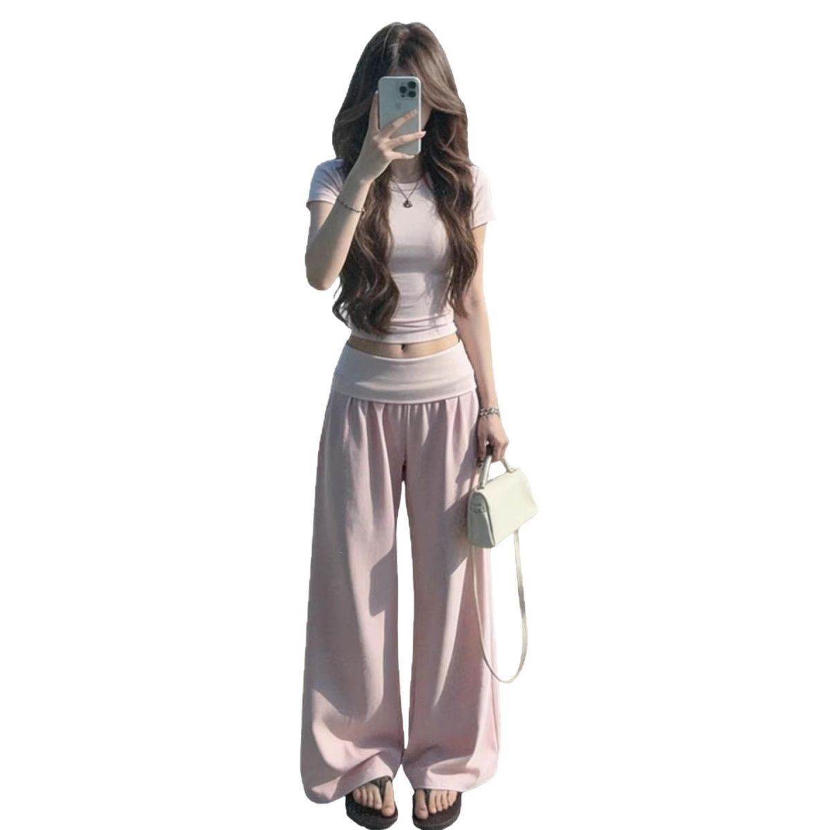 夏季高级时尚洋气套装修身辣妹短款短袖T恤显瘦阔休闲甜美两件套