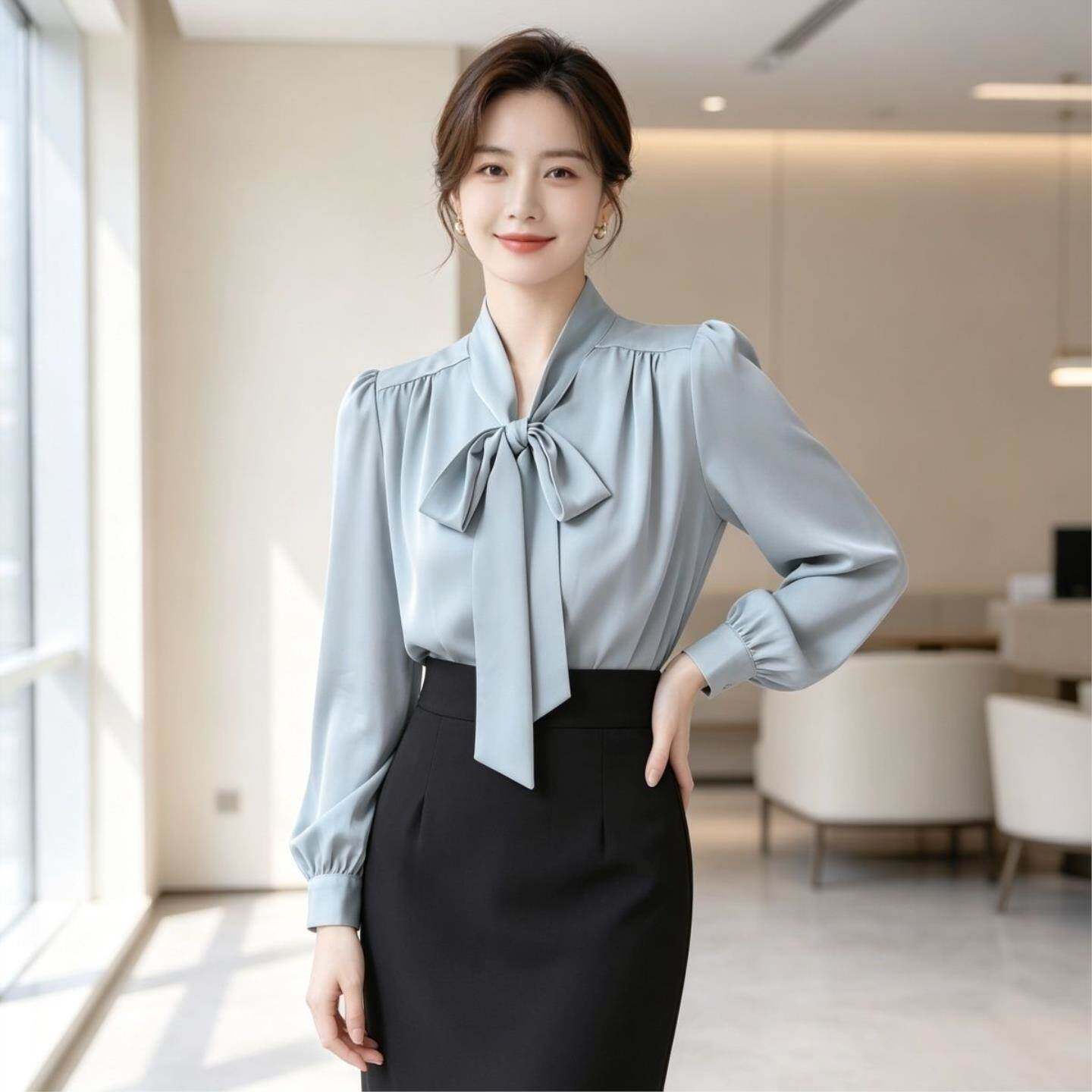 缎面蝴蝶结衬衫女士职场正装飘带衬衣显瘦垂软长袖上衣