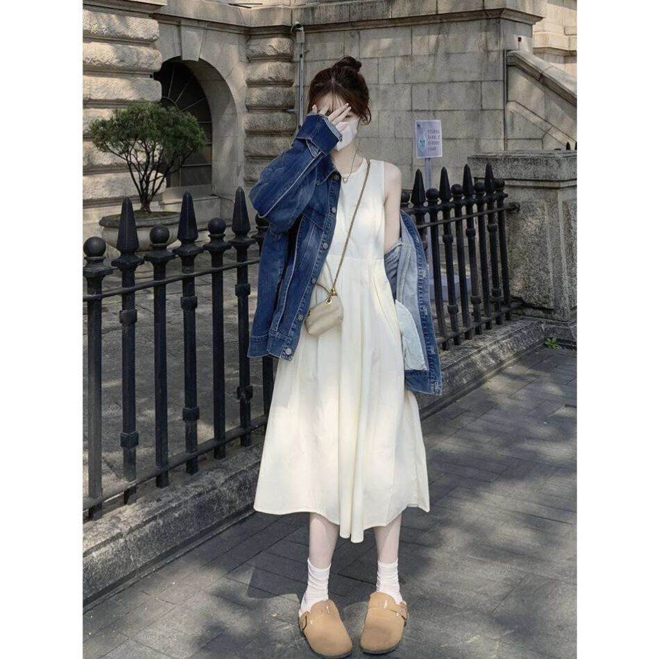 韩式高级感无袖吊带修身白色连衣裙子夏季女装2026新款小个子长裙