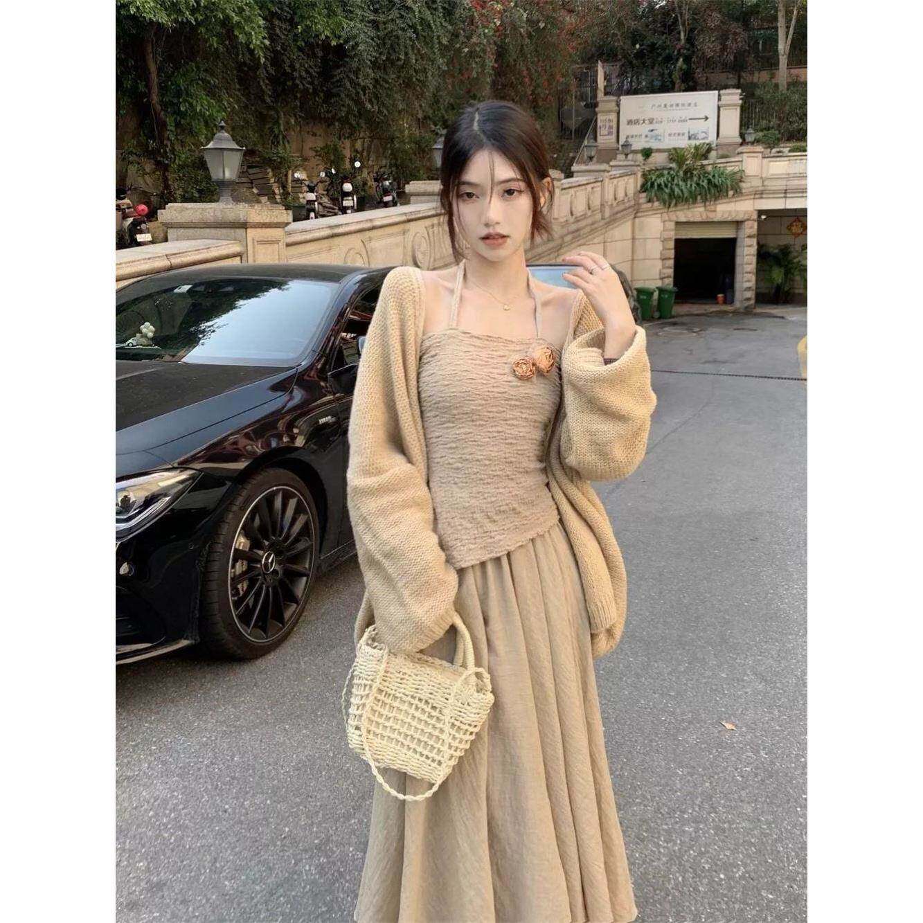 禅意风女装盐系法式温柔吊带长裙+防晒针织开衫性感三件套