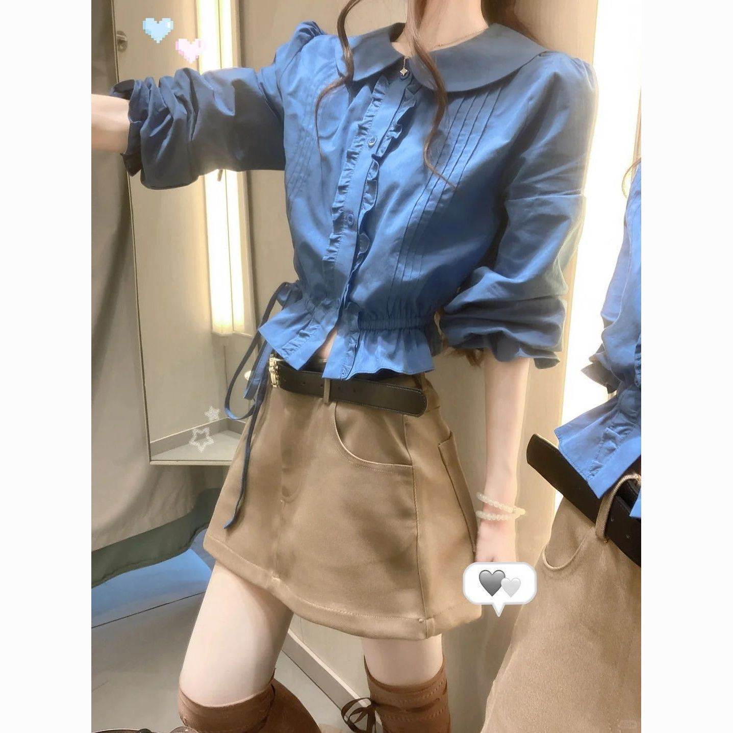 套装女2026秋季新款韩系辣妹娃娃领收腰短款长袖衬衫高腰显瘦短裙