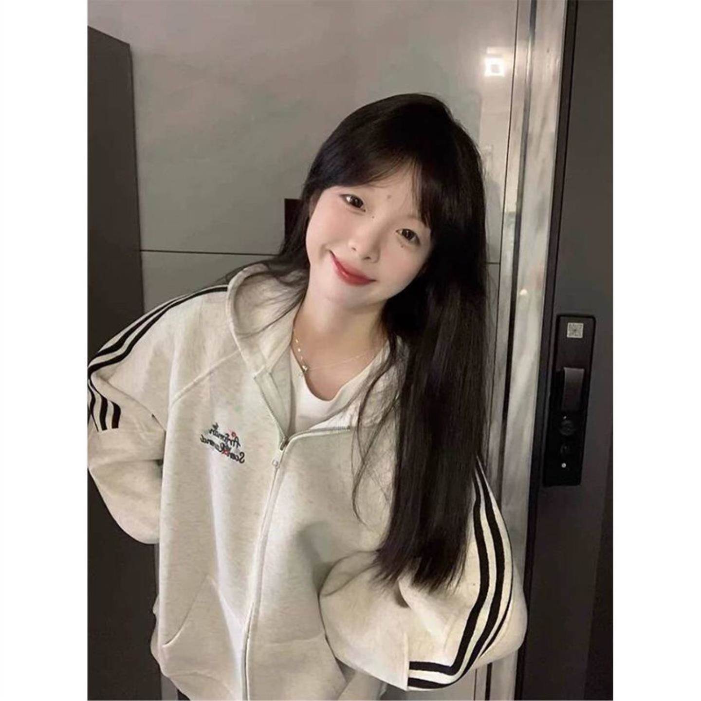 美式复古三条杆连帽卫衣外套女春夏2026新款oversize拉链开衫宽松