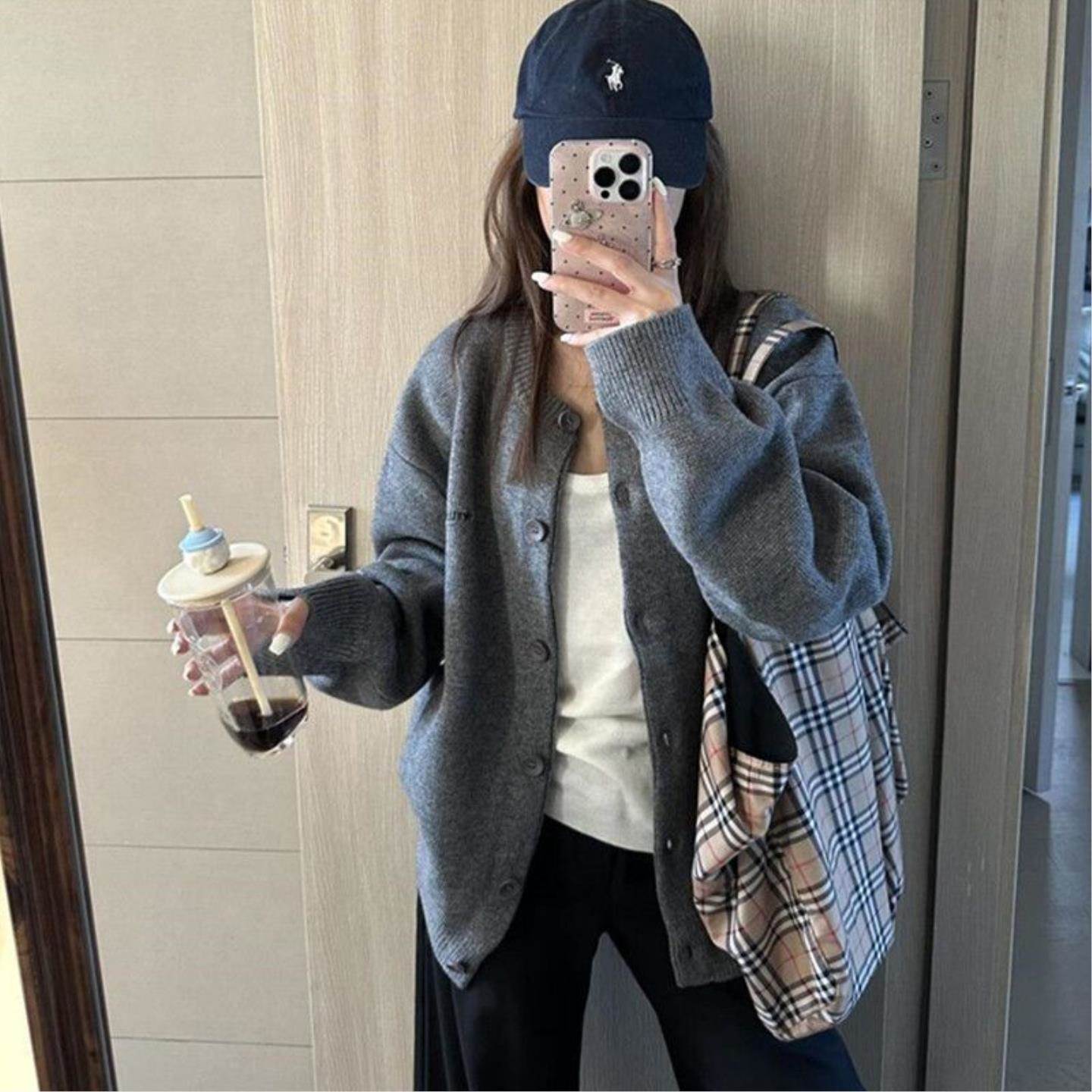 加厚黑色圆领针织开衫女春夏宽松慵懒高级春秋休闲毛衣上衣